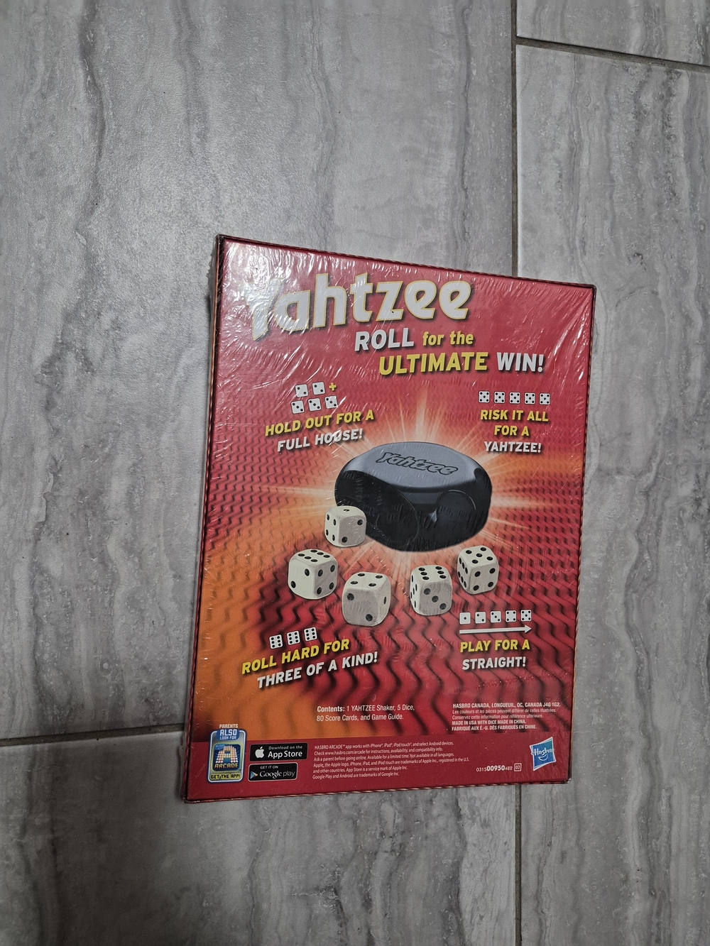 Hasbro Yahtzee Game with Black Dice  and White Dice on Red Box Age 8+ 2+ Players